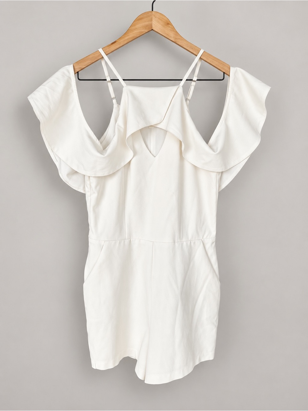 Women's White Ivory Ruffle Cold-Shoulder Romper by Tea & Cup